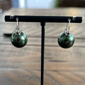 Sterling Silver 14K Gold Plated Tahitian Style Peacock Green Glass Pearl Earring